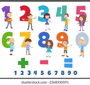 Cartoon illustration of educational numbers set from one to nine with comic children characters