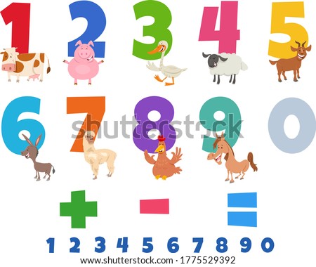 Cartoon Illustration of Educational Numbers Set from One to Nine with Happy Farm Animal Characters