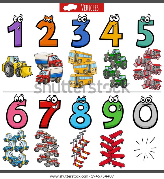 Cartoon illustration of\
educational numbers set from one to nine with transportation\
vehicles