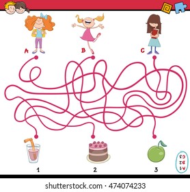 Ilustração de desenhos animados de caminhos educativos ou atividades de quebra-cabeça labirinto com crianças e objetos alimentares