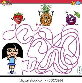 Cartoon Illustration of Educational Paths or Maze Puzzle Activity with Girl and Fruits