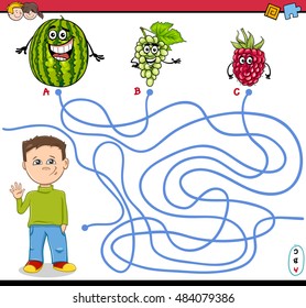 Cartoon Illustration of Educational Paths or Maze Puzzle Activity with Kid Boy and Fruits