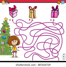 Cartoon Illustration of Educational Paths or Maze Puzzle Activity with Little Girl and Christmas Presents