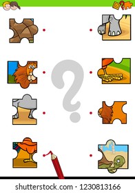 Cartoon Illustration of Educational Pictures Matching Game for Children with Jigsaw Puzzles
