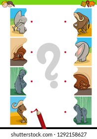 Cartoon Illustration of Educational Pictures Matching Game for Children with Jigsaw Puzzles of Animals