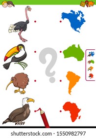 Cartoon Illustration of Educational Pictures Matching Game for Children with Animal Characters and Continents Shapes