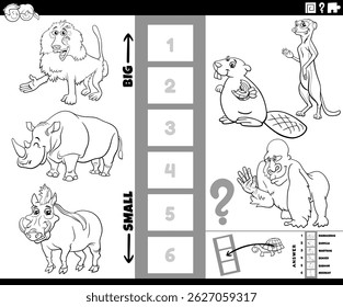 Cartoon illustration of educational puzzle activity of finding the biggest and the smallest animal species coloring page