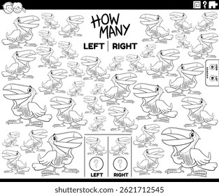 Cartoon illustration of educational puzzle of counting left and right oriented pictures of toucan bird coloring page