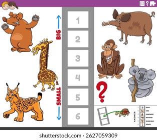 Cartoon illustration of educational puzzle of finding the biggest and the smallest animal species characters