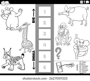 Cartoon illustration of educational puzzle of finding the biggest and the smallest animal species with comic characters coloring page
