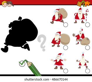 Cartoon Illustration of Educational Shadow Activity Game for Children with Santa Claus Characters