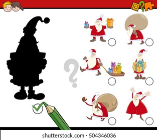 Cartoon Illustration of Educational Shadow Activity Game for Children with Santa Claus
