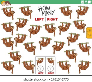 Cartoon Illustration of Educational Task of Counting Left and Right Oriented Pictures of Sloth Animal Character