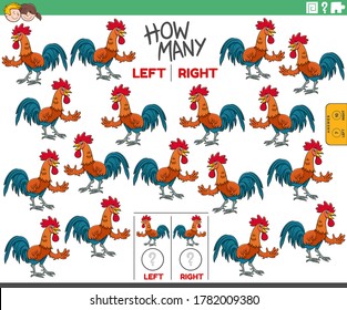 Ilustración de la tarea educativa de contar imágenes de animales de la granja de aves de gallo orientadas a la izquierda y la derecha