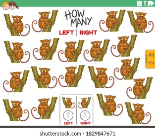 Cartoon Illustration of Educational Task of Counting Left and Right Oriented Pictures of Tarsier Animal Character