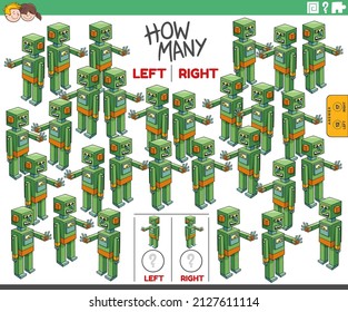 Cartoon illustration of educational task of counting left and right oriented pictures of funny robot character