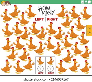 Cartoon illustration of educational task of counting left and right oriented pictures of chicken farm animal character