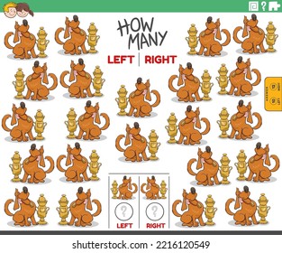 Cartoon illustration of educational task of counting left and right oriented pictures of proud dog with a cup and a medal at the dog show
