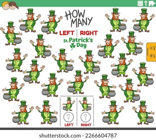 Cartoon illustration of educational task of counting left and right oriented pictures of Leprechaun character on Saint Patrick Day