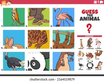 Cartoon illustration of educational task of guessing animal species for children