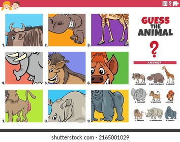 Cartoon illustration of educational task of guessing animal species for children