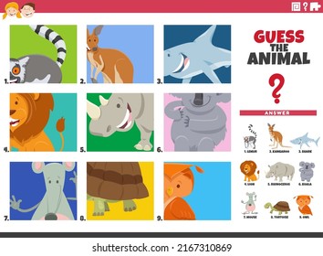 Cartoon Illustration Of Educational Task Of Guessing Animal Species For Children