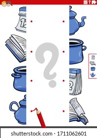 Cartoon Illustration of Educational Task of Matching Halves of Pictures with Objects