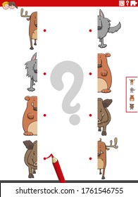 Ilustración de la tarea educativa de igualar las mitades de imágenes con caracteres animales salvajes