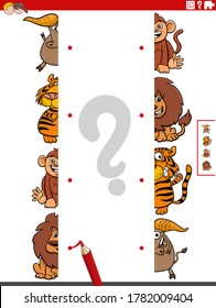 Cartoon Illustration of Educational Task of Matching Halves of Pictures with Comic Wild Animal Characters