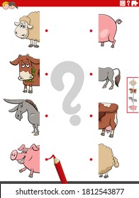 Cartoon Illustration of Educational Task of Matching Halves of Pictures with Funny Farm Animal Characters