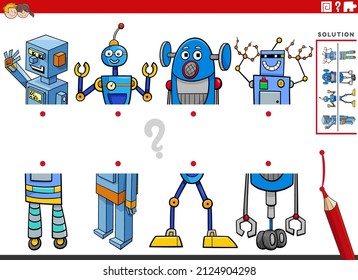 Cartoon illustration of educational task of matching halves of pictures with comic robot characters