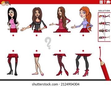 Ilustración de caricatura de la tarea educativa de igualar mitades de imágenes con personajes de historietas femeninas