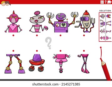 Cartoon-Illustration der pädagogischen Aufgabe, die Bilder mit Comic-Roboterfiguren in zwei Hälften zusammenzuführen