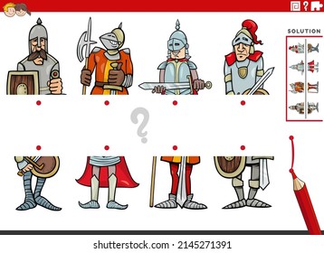 Cartoon illustration of educational task of matching halves of pictures with comic knight characters