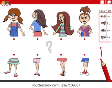 Cartoon illustration of educational task of matching halves of pictures with comic girls characters