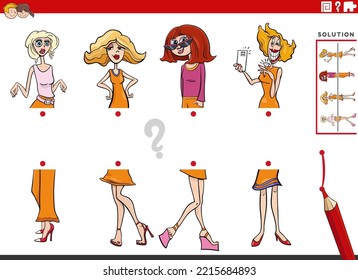 Cartoon illustration of educational task of matching halves of pictures with women characters