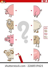 Ilustración de caricatura de la tarea educativa de igualar mitades de imágenes con graciosos personajes de animales de granja