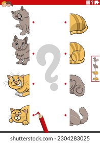 Cartoon illustration of educational task of matching halves of pictures with funny cats animals characters