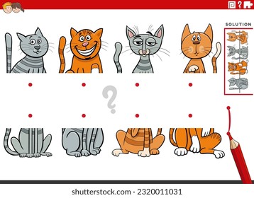 Cartoon illustration of educational task of matching halves of pictures with funny cats animal characters