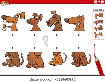 Cartoon illustration of educational task of matching halves of pictures with funny dogs animal characters