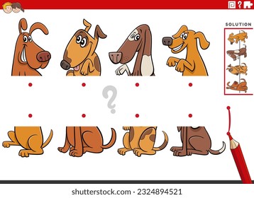 Cartoon illustration of educational task of matching halves of pictures with funny dogs animal characters