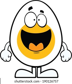 Cartoon illustration of an egg with an open mouth smile. 