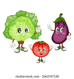 Cartoon Illustration of an Eggplant, Tomato and Ice Lettuce. Set of Cute Veggie Mascots. Vector Illustration