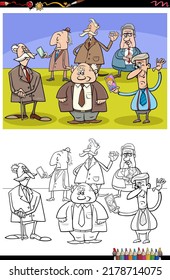 Cartoon illustration of elder people or senior characters group coloring page