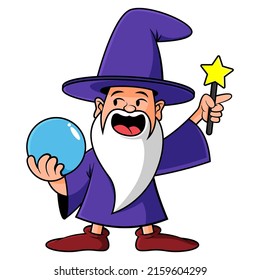 Cartoon illustration of Elder sorcerer wearing magical hat and robes carrying crystal balls and stars wand get ready to do a miracle, best for mascot, sticker, and decoration with halloween themes