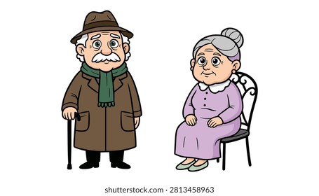 Cartoon illustration of elderly couple standing and sitting with illustration