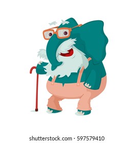 Cartoon illustration of an elderly elephant with a beard and walking cane