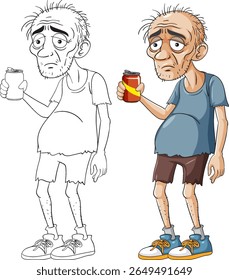 Cartoon illustration of an elderly man holding a soda can, showcasing both colored and outline versions