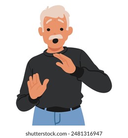 Cartoon Illustration Of An Elderly Man With A Shocked And Scared Expression On His Face. Character Wearing A Black Sweater And Blue Pants. Vector Image Conveys Emotions Of Fear, Surprise, And Anxiety