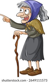 Cartoon illustration of an elderly woman with a cane, wearing a blue headscarf and brown shoes, pointing forward